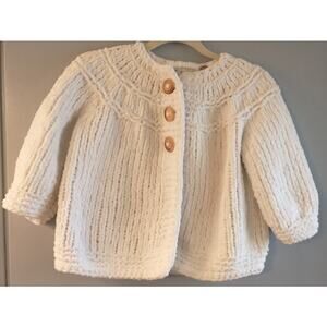 Adorable Girls Hand Knitted Ivory Soft Yard Button Front Sweater Lovely!!